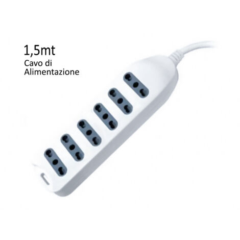 V-TAC Multipresa con Cavo 1,5m 6 Prese 10/16A 2P+T Bipasso con Attacco a Parete con Spina 16A 2P+T Colore Bianco