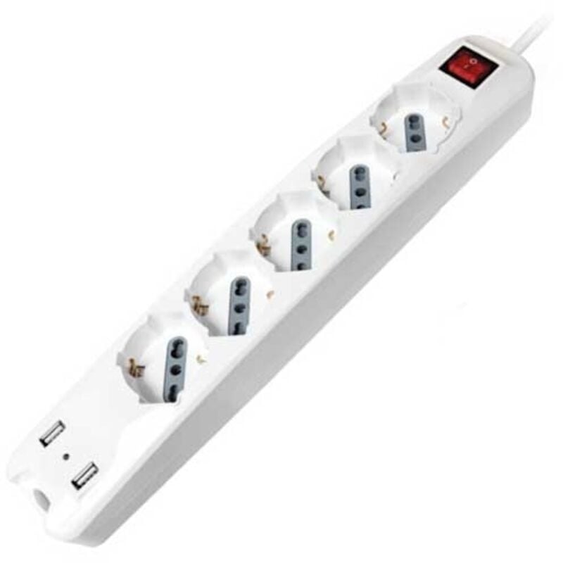 Multiplug avec càble 1,5m 5 prises 10/16A Bipass + Schuko et 2 usb Light Switch Plug 16A 2P+E Blanc