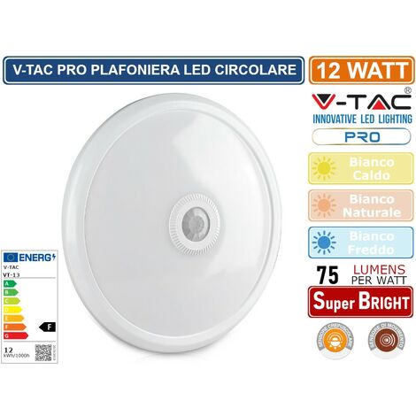 V-TAC Plafoniera LED Chip Samsung Rotonda 12W con Sensore PIR Colore Bianco Bianco Freddo