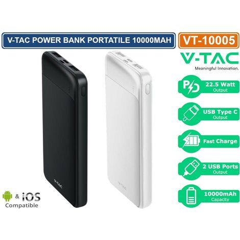 V-TAC Power Bank 10000mAh, Ricarica Rapida PD 22.5W, USB-A, USB Type-C, Micro USB