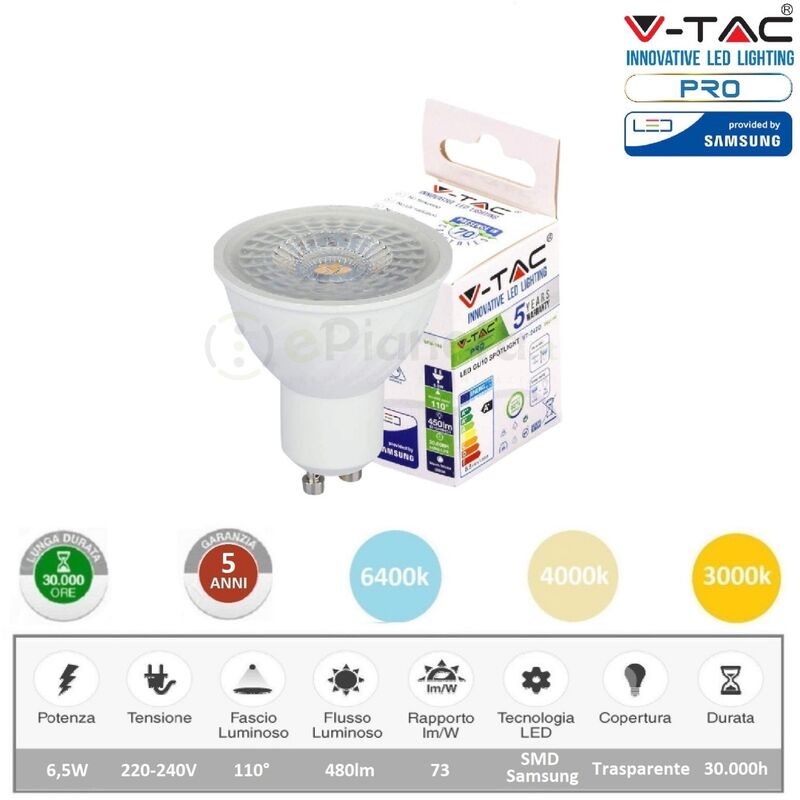 Image of V-tac - pro Faretto led 6,5w attacco gu10 bianco lampadina copertura trasparente spotlight luce fredda naturale calda Calda