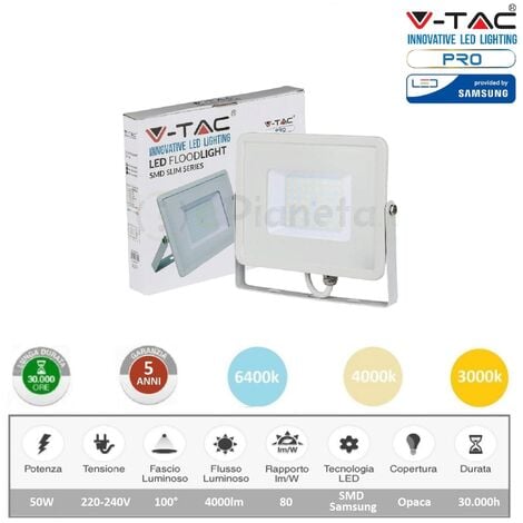V-TAC PRO Faro led 50W ultrasottile slim da esterno proiettore faretto impermeabile IP65 bianco luce fredda