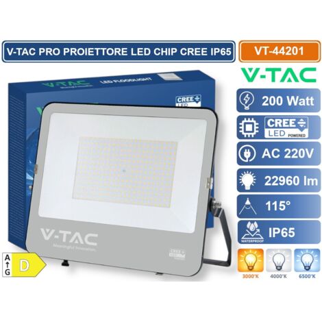 V-TAC PRO FARO LED SMD CHIP CREE 200W 135LM/W NERO CON VETRO GRIGIO IP65 BIANCO NATURALE 4000K