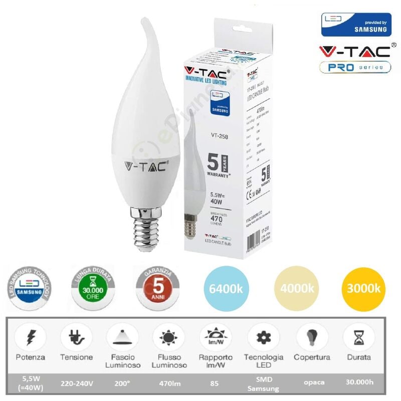 Image of Vtac - v-tac pro Lampadina led candela 5,5w attacco piccolo E14 colpo di vento fiamma opaco luce bianca naturale calda Bianco freddo