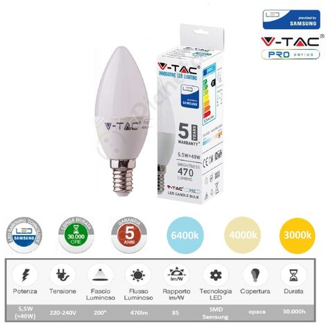 V-TAC PRO Lampadina led oliva 5,5w attacco piccolo E14 opaco luce bianca naturale calda  Naturale