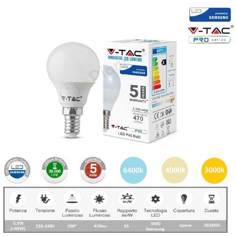 V-TAC PRO Lampadina led P45 globo 5,5w attacco piccolo E14 opaco luce bianca naturale calda  Naturale