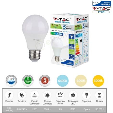 V-TAC PRO VT-210 LAMPADINA LED E27 9W BULB A60 CHIP SAMSUNG 806 lm  Bianco Naturale