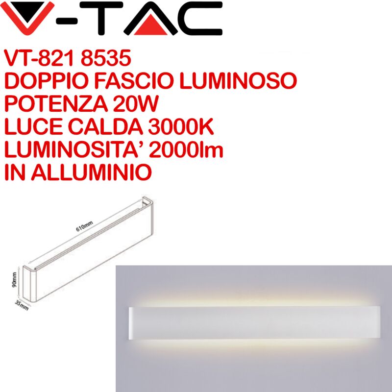 Image of V-tac - VT-821 8535 Lampada led Da Muro Rettangolare 20W con Doppio Fascio Luminoso Colore Bianco 3000K IP44