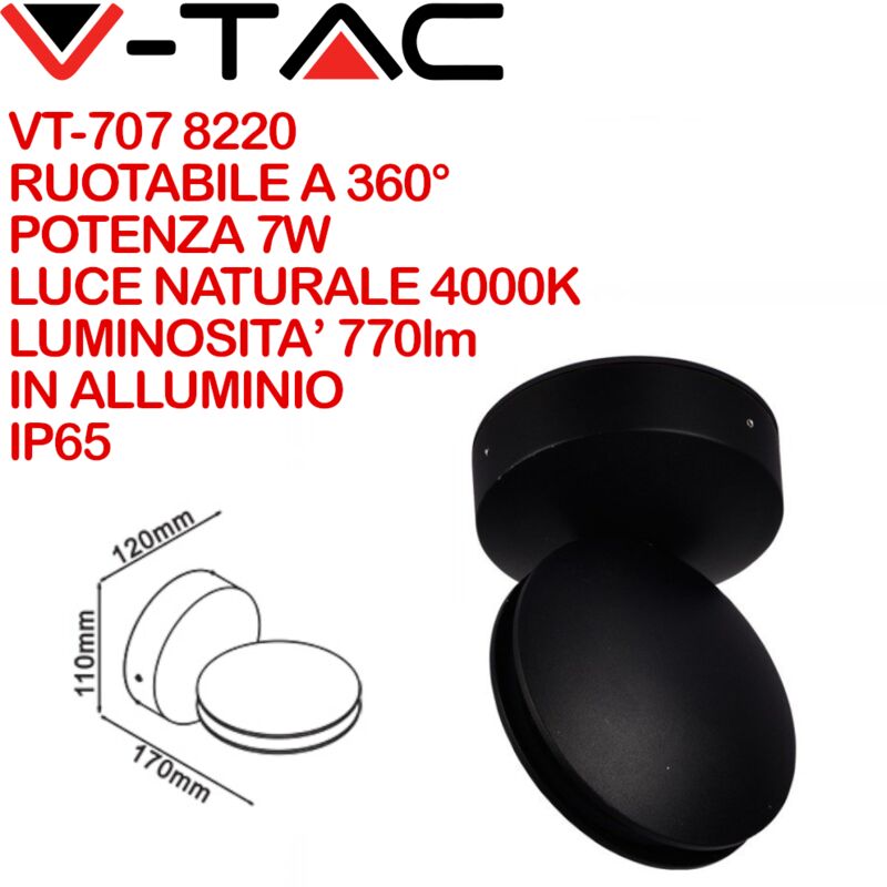 VT-707 8220 Lampada led da Muro Arrotondata 7W Fascio Luminoso a 360° Colore Nero 4000K IP65 - V-tac