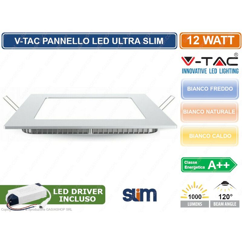 Image of VT-1207 sq pannello led quadrato 12W smd da incasso con driver - sku 4866 / 4867 / 4868 - Colore Luce: Bianco Caldo - V-tac