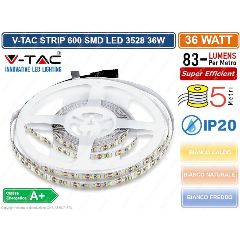 V-tac - strip striscia led monocolore 5 metri smd 3528 120 led metro IP20 36W 3000 lumen - Colore Luce: Bianco Naturale