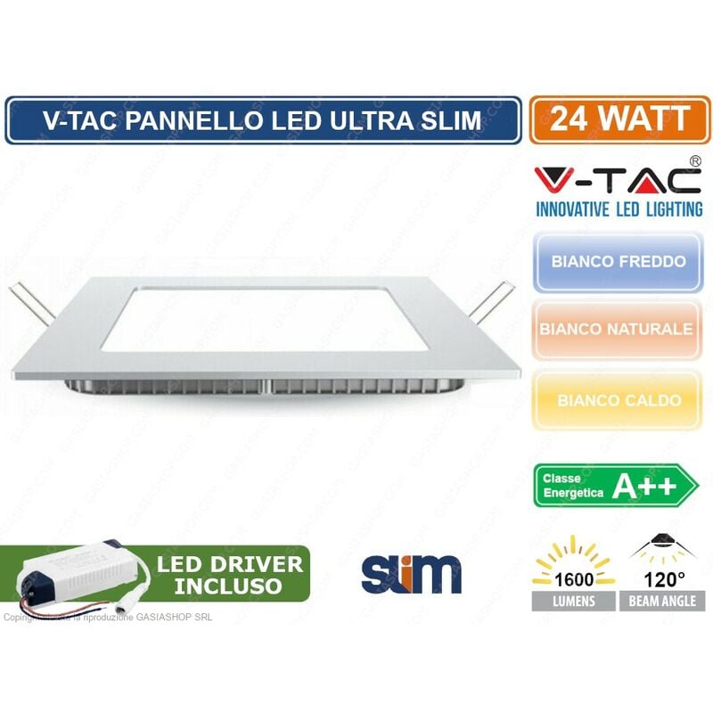Image of V-TAC VT-2407 SQ PANNELLO LED QUADRATO 24W SMD DA INCASSO CON DRIVER - SKU 4887 / 4888 / 4889 - Colore Luce: Bianco Caldo