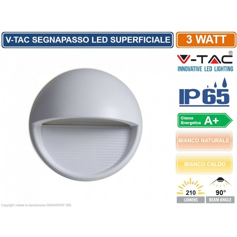 V-tac - VT-1182 segnapasso led a montaggio superficiale rotondo 3W per esterno colore grigio - sku 1406 / 1407 IP65 - Colore Luce: Bianco Caldo