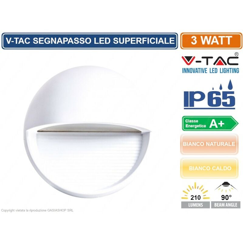 V-tac - VT-1182 segnapasso led a montaggio superficiale rotondo 3W per esterno colore bianco - sku 1408 / 1409 IP65 - Colore Luce: Bianco Caldo