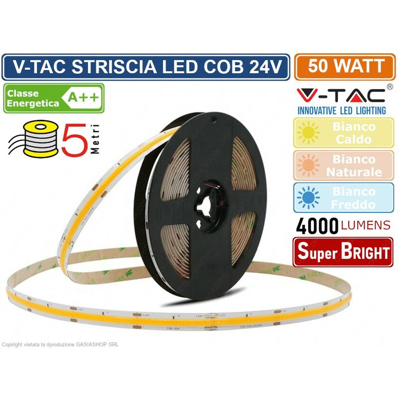 Image of VT-COB-280 striscia led cob monocolore 10W/M 24V - bobina da 5 metri - sku 2652 / 2653 / 2654 - Colore Luce: Bianco Caldo - V-tac