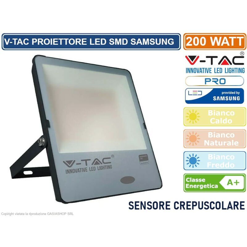 Image of Pro VT-272 faro led smd chip samsung 200W sensore crepuscolare IP65 da esterno colore nero - sku 20181 / 20182 / 20183 - Colore Luce: Bianco Naturale