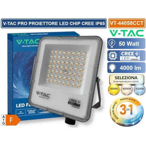 V-TAC PRO VT-44058CCT PROIETTORE SMD LED 50W CHIP CREE DA ESTERNO IP65 CON SWITCH CCT PER SELEZIONE LUCE