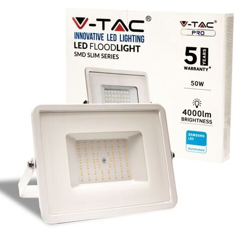 V-TAC PRO VT-50-W-N Projecteur LED 50W Chip Samsung SMD blanc chaud 3000K 4000LM 100° corps blanc IP65 - SKU 21409