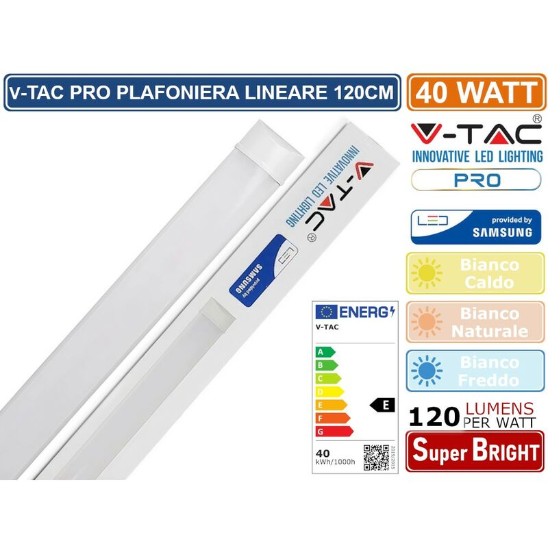 Image of VT-8-40 tubo led prismatico plafoniera 40W lampadina 120CM chip samsung - sku 20350 / 20351 / 20352 - Colore Luce: Bianco Caldo - V-tac