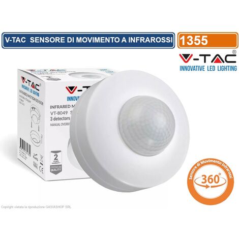 V-TAC Sensore di movimento infrarossi crepuscolare con funzione ON/OFF montaggio a soffitto 360° Bianco IP20 VT-8049 - SKU 1355
