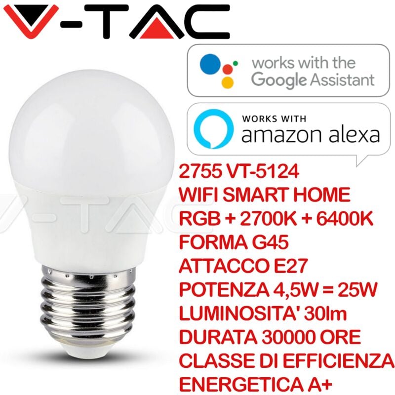 Image of V-tac - Smart Home Lampadina led E27 5W G45 Compatibile con Google Home e Amazon Alexa rgb e 3 in 1 Dimmerabile