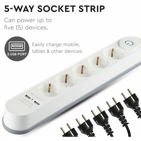 V-TAC Steckdosenleiste mit 3 m Kabel, 5 Steckdosen, 16 A, beleuchtetem Schalter und 2 USB-Anschlüssen, weiß