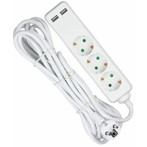 V-TAC Steckdosenleiste mit 5 m Kabel, 3 Steckdosen, 10 A, 2P, Schuko, 2 USB-Anschlüssen und Schuko-Stecker, Farbe Weiß
