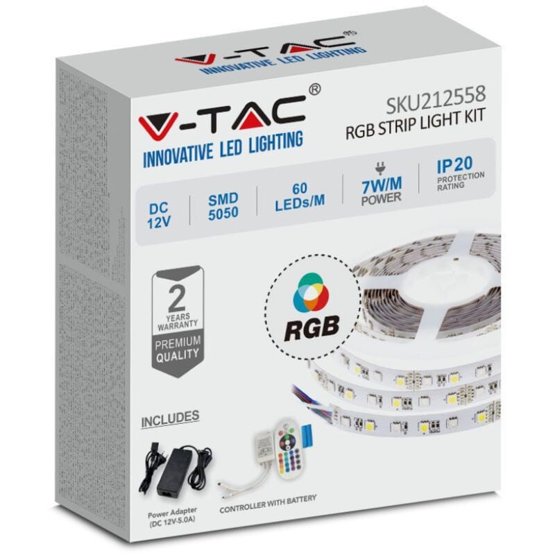 V-tac - Kit Ruban led rgb 230V 5m 7W/m IP20 Avec Transfo VT-5050 60 - 120 ° - rgb