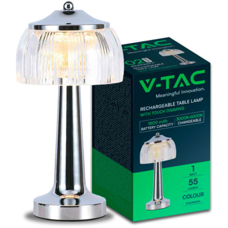 V-TAC VT-1048 Lampada LED da Tavolo 1W cct 3in1 colore cromo ricaricabile con USB C Touch Dimmerabile 26 cm - 7939