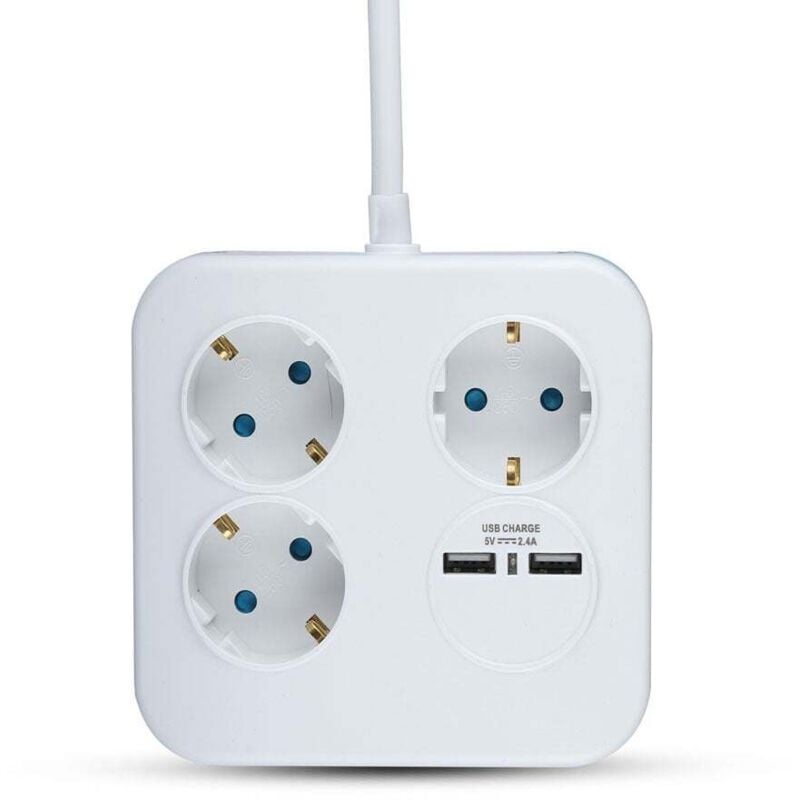 Adaptateurs et prises - 3 voies - Prise d'extension usb carrée - IP20 - Blanc - fil de 1,4 m