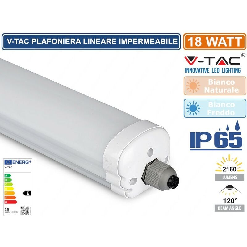 V-tac - VT-6076 tubo led plafoniera 18W lampadina 60CM impermeabile - sku 216283 / 216282 - Colore Luce: Bianco Naturale