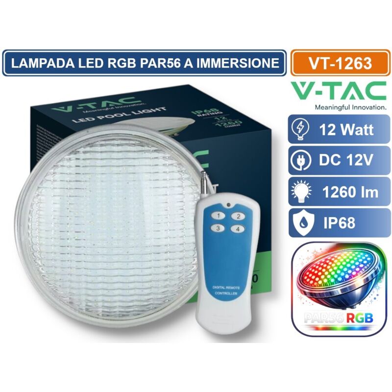 V-Tac Vt-1263 Lampada Led Rgb Da Piscina Par56 12w Ip68 12v Attacco A Vite Con Telecomando Sku 217562