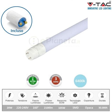 V TAC VT 1577 Tubo led 20w T8 attacco G13 neon 150cm con starter tubi in nano plastic luce bianco 6500k
