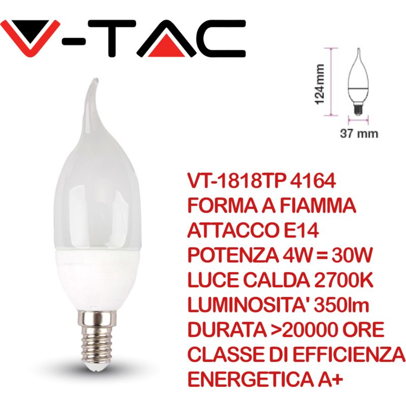 Image of VT-1818TP Lampadina led E14 4W Candela a Fiamma Bianco caldo - 2700K - V-tac