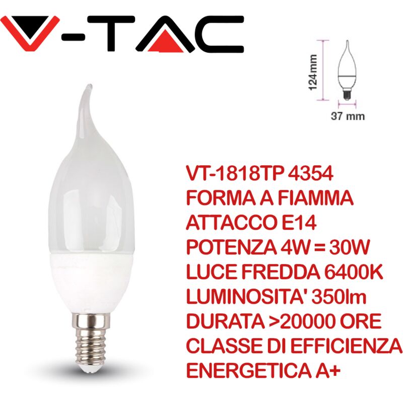 Image of V-TAC VT-1818TP Lampadina LED E14 4W Candela a Fiamma Bianco freddo - 6400K