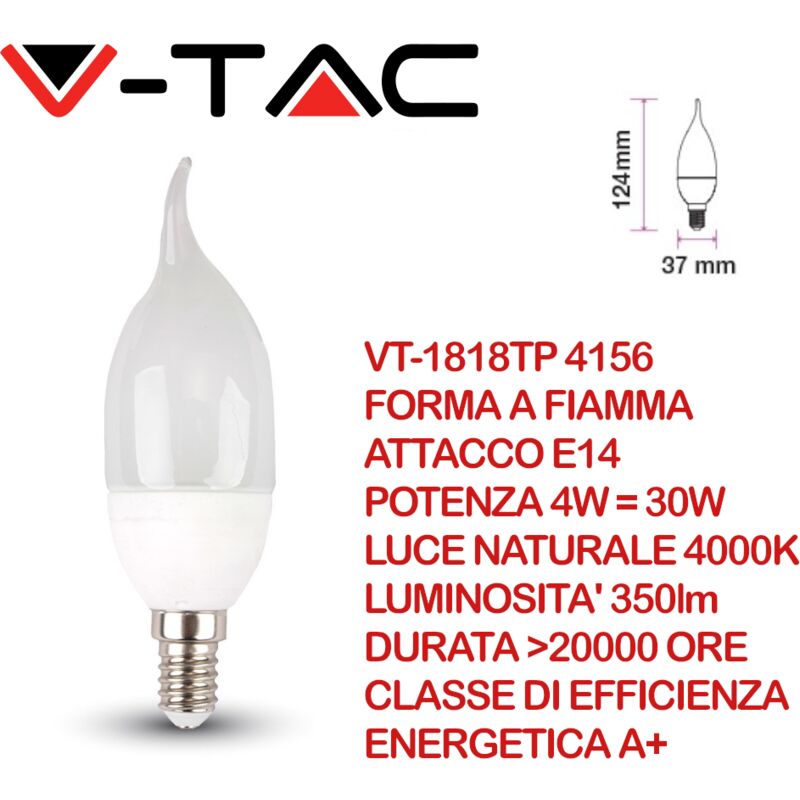 Image of V-tac VT-1818TP Lampadina led E14 4W Candela a Fiamma Bianco naturale - 4000K