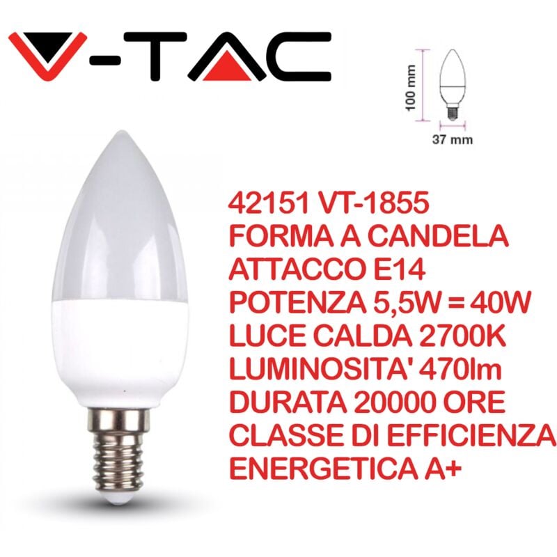 Image of V-TAC VT-1855 Lampadina LED E14 4,5W Candela Bianco caldo - 2700K