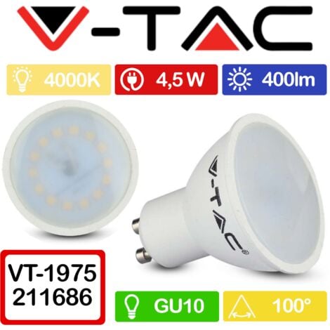 V-TAC VT-1975 Faretto LED GU10 4,5W 100° Copertura Satinata Bianco naturale - 4000K