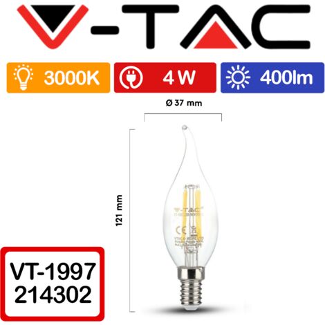 V-TAC VT-1997 Lampadina LED E14 4W Candela a Fiamma a Filamento Bianco caldo - 3000K