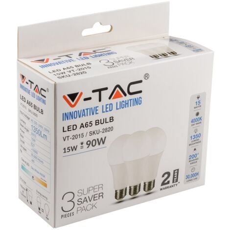 V-TAC VT-2015 Box 3 Lampadine LED E27 15W A65 Bianco naturale - 4000K
