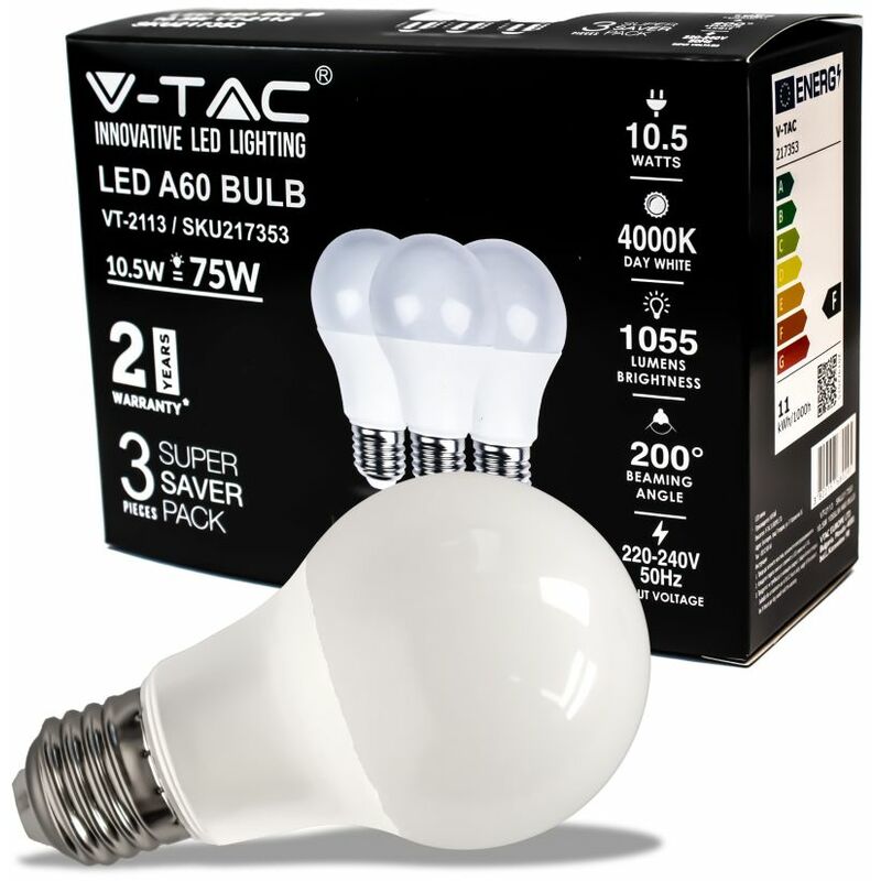 V-tac - LED-Glühbirne E27 10,5 w 100 lm/w A60 Naturweiß (Box mit 3 Stück)
