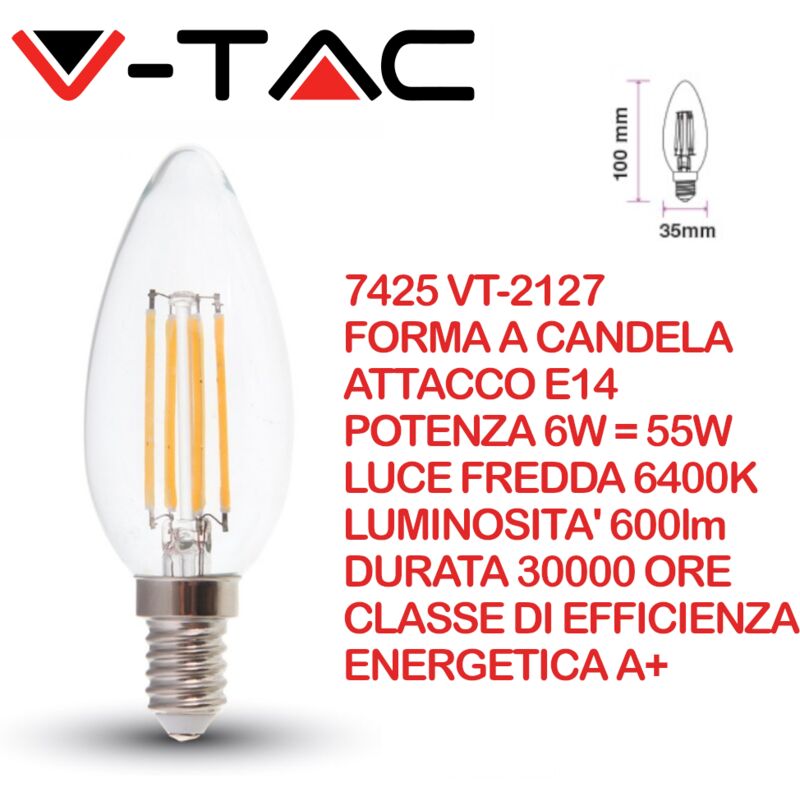 Image of V-tac VT-2127 Lampadina led a Filamento E14 6W a Candela Bianco freddo - 6400K