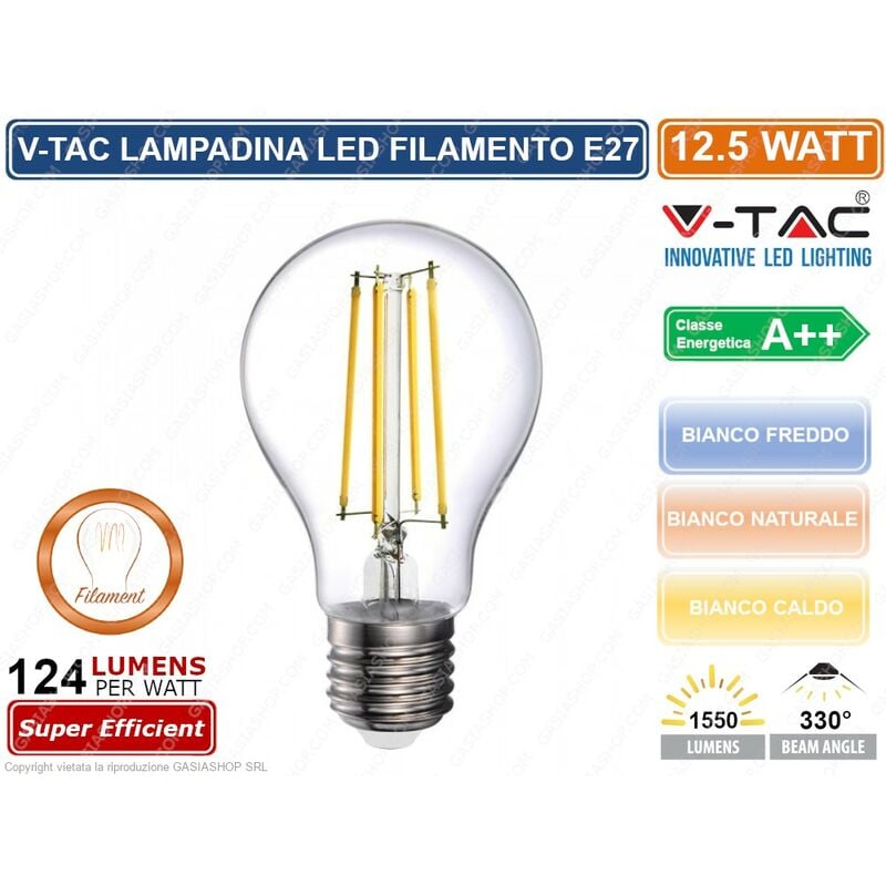 V-tac - VT-2133 lampadina led filament E27 12,5W bulb A70 - sku 7458 / 7459 / 7460 - Colore Luce: Bianco Caldo