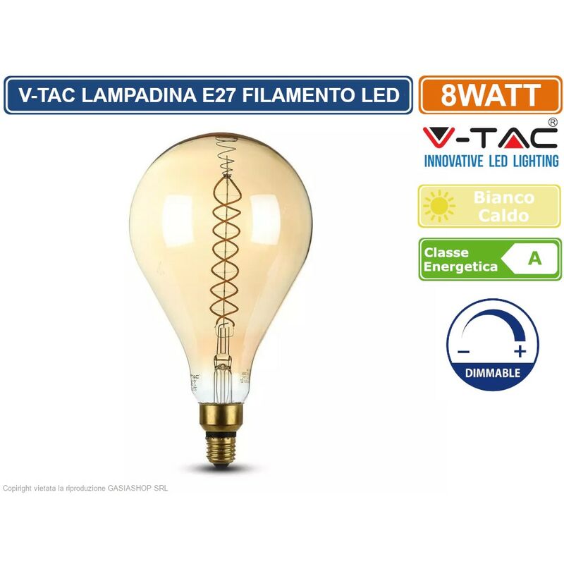 Image of VT-2138D lampadina E27 filamento led a doppia spirale 8W bulb A160 con vetro ambrato dimmerabile - sku 7461 - V-tac
