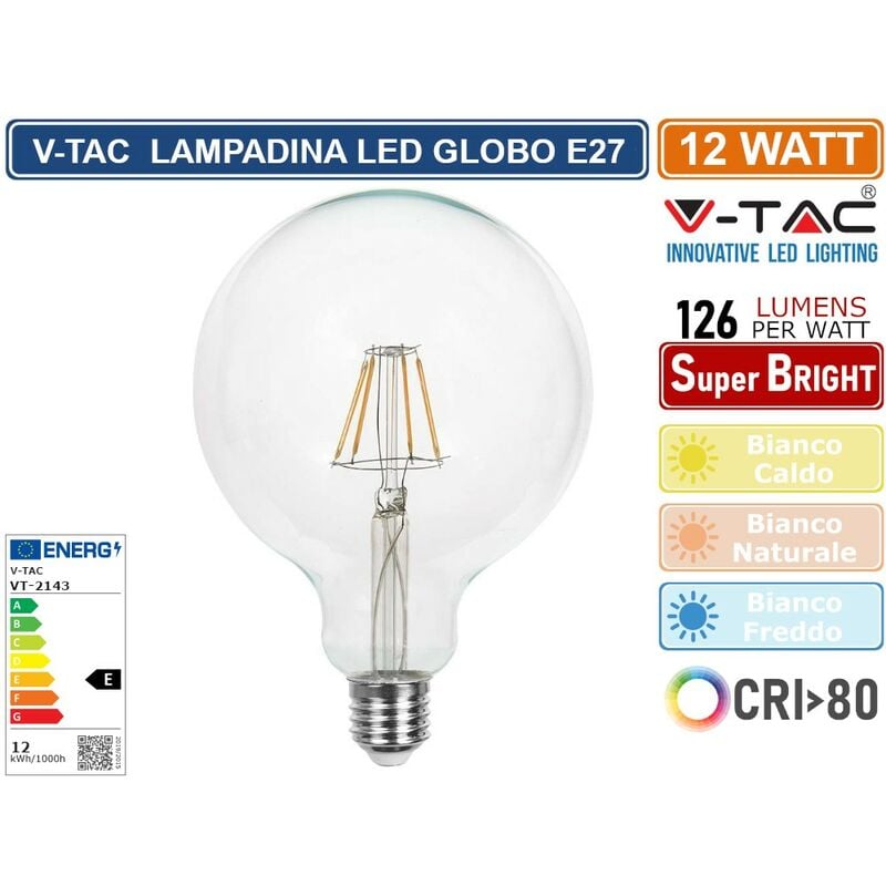 Image of VT-2143 Lampadina led globo filamento 120lm/w lampada 12.5W E27 G125 bianco caldo 2700K - sku 217453 - Trasparente - V-tac