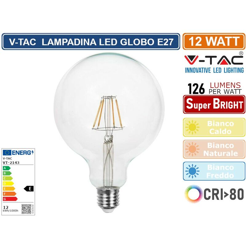 Image of V-tac - VT-2143 lampadina led a filamento attacco E27 12W globo G125 1521 lumen - sku 217453 / 217454 / 217455 - Colore Luce: Bianco Naturale