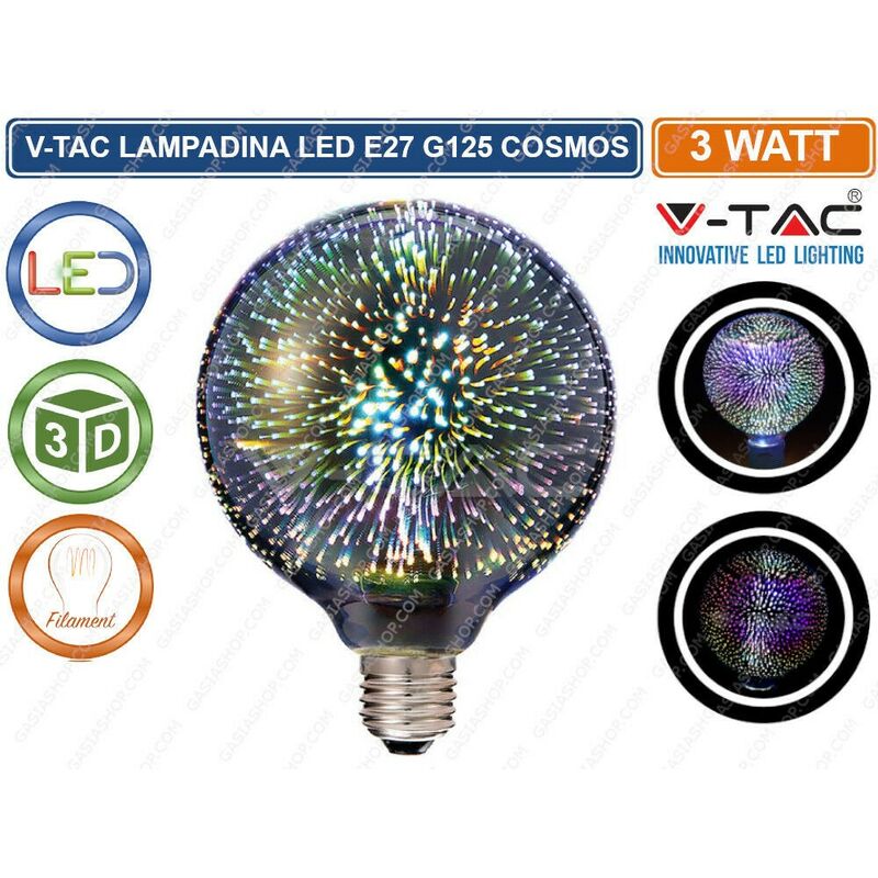 Image of V-tac - VT-2233 lampadina E27 filamento led 3W globo G125 vetro specchiato argento effetto 3D - sku 2706