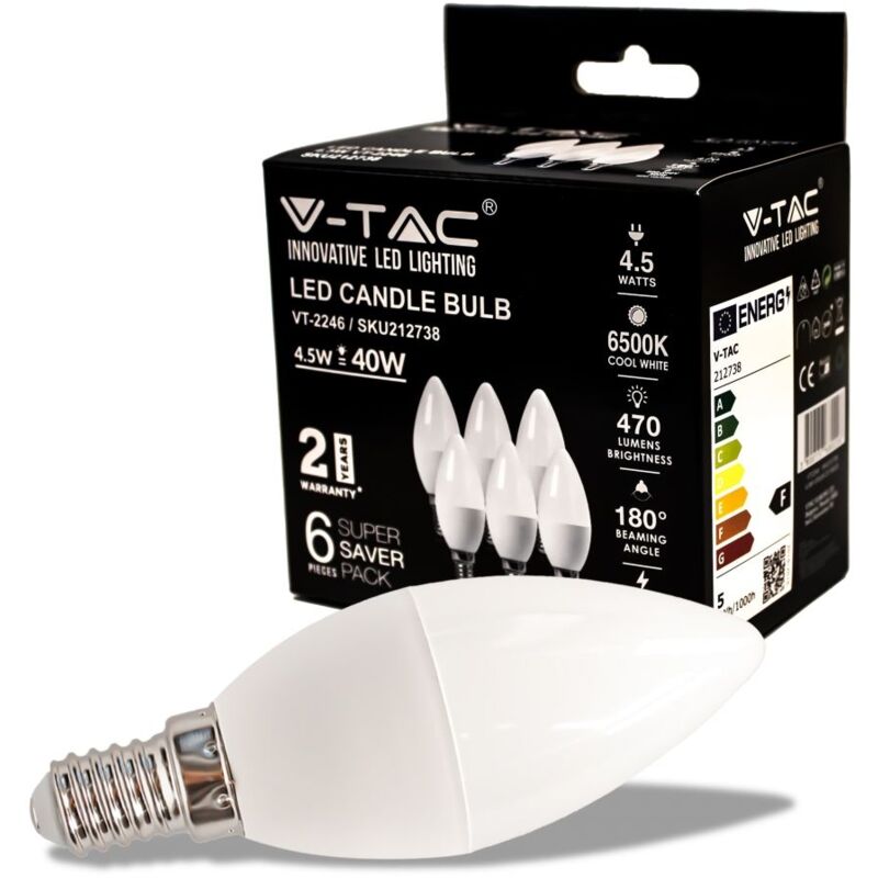 V-TAC VT-2246 LED-Kerzenlampe SMD 4,5 W E14 kaltweiß 6500 K - Karton 6 Stück SKU 212738