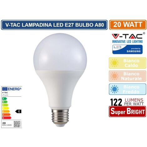 V-TAC VT-233 LAMPADINA LED E27 20W BULB A80 GOCCIA SMD CHIP SAMSUNG - SKU 21237 / 21238 / 21239 - Colore Luce: Bianco Freddo