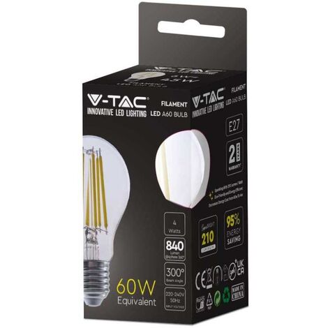V-TAC VT-2334 Lampadina led 4W E27 4000k lampada filamento bulbo A60 vetro trasparente sku 2991